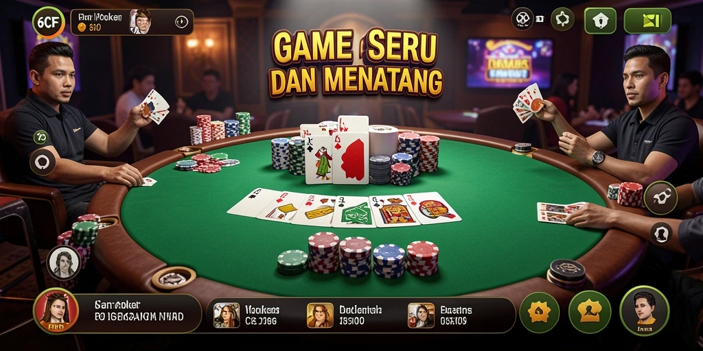 Screenshot gameplay 6CF menampilkan suasana poker yang menegangkan.