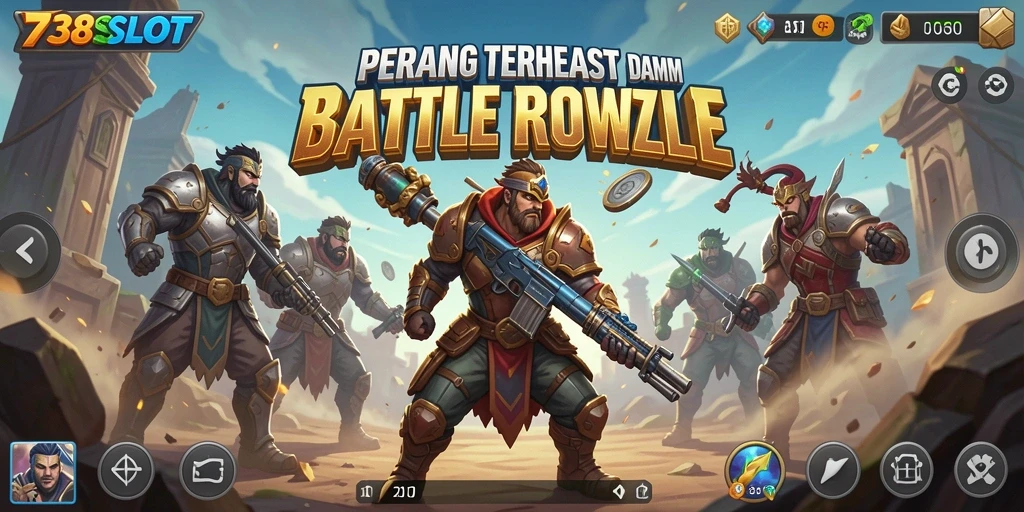 Screenshot gameplay <strong>738SLOT</strong> yang menampilkan pertempuran intens di arena Battle Royale.