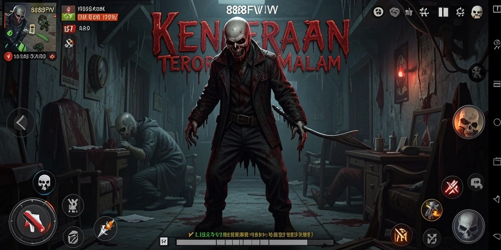 Screenshot gameplay <strong>888FW</strong> menunjukkan suasana mencekam dengan monster menyeramkan.