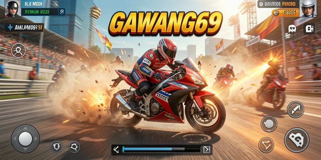 Tampilan gameplay seru GAWANG69 saat balapan motor.