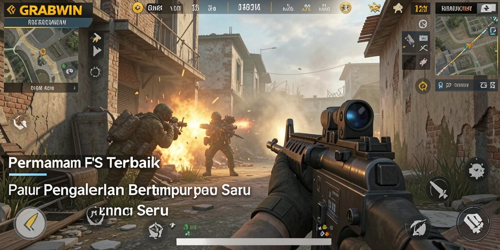 Screenshot utama GRABWIN menampilkan aksi menembak yang intens di medan perang.