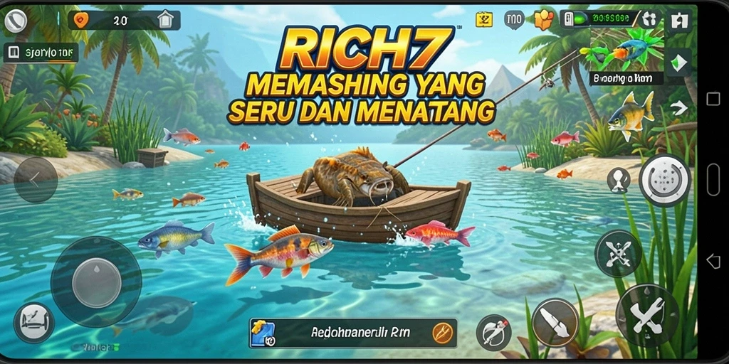 Gameplay RICH7 menunjukkan momen seru saat memancing ikan besar.