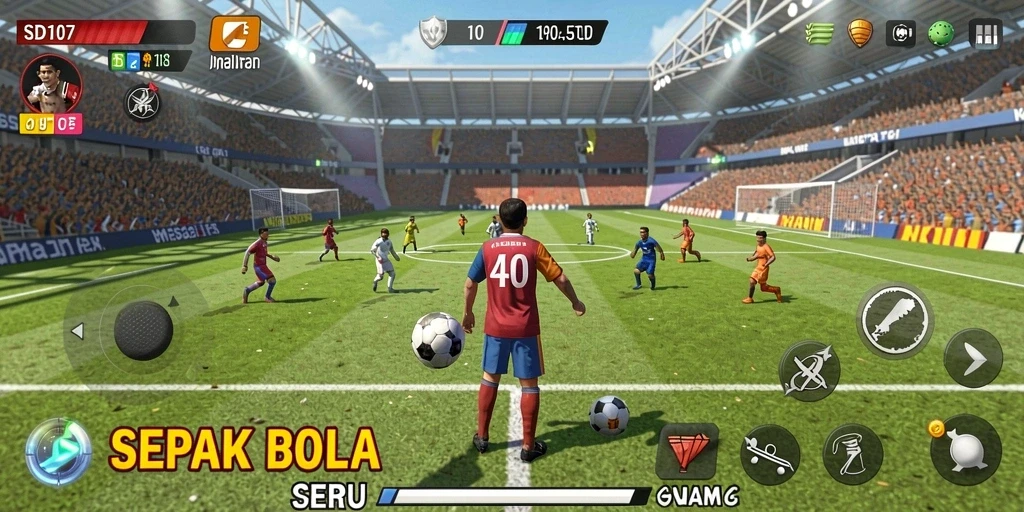 Screenshot gameplay SD107 yang menunjukkan aksi sepak bola yang mendebarkan.