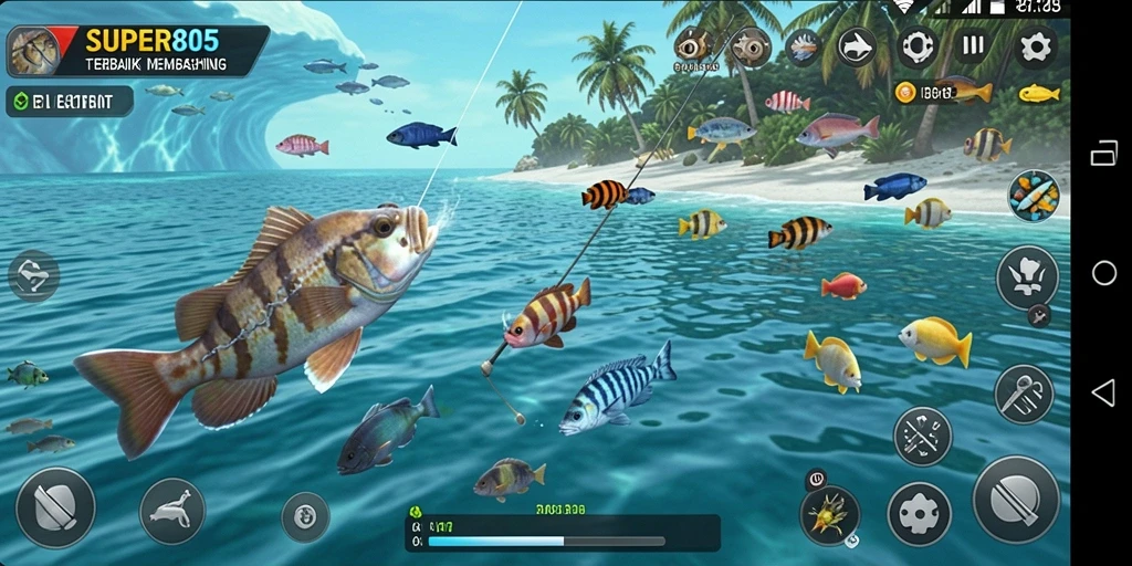 Tampilan gameplay <strong>SUPER805</strong> yang menampilkan aksi memancing yang seru.
