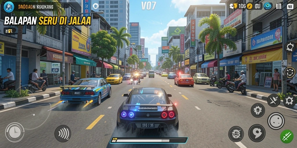 Screenshot gameplay V07 menunjukkan aksi balapan yang mendebarkan.